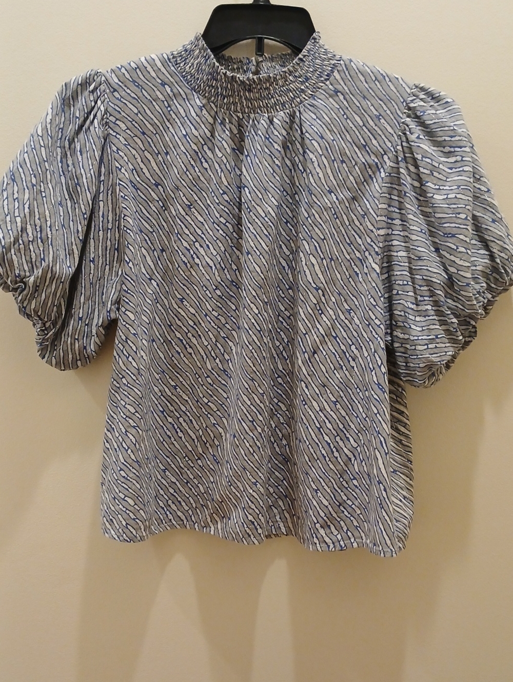 THML Blue and White Smocked Neck Puff Sleeve Blouse